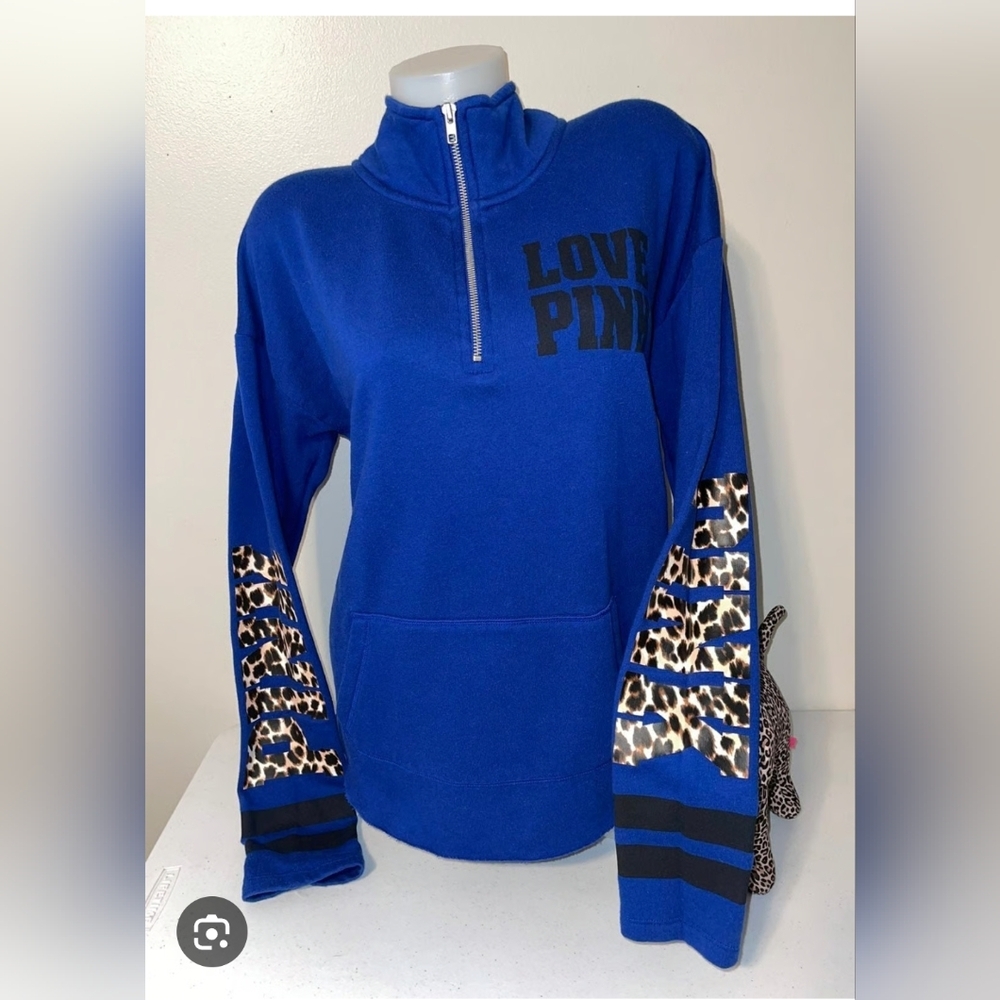 PINK Victoria's Secret Cobalt Sweater with Leopard Sleeves